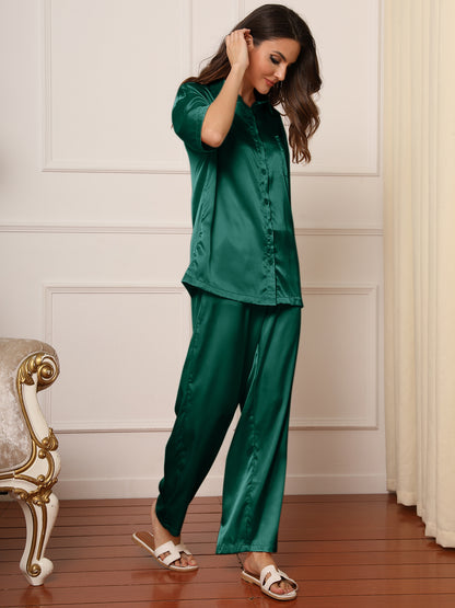 Womens Satin Silk Pajama Sets Short Sleeve Button down Pajamas Women Pjs Lounge Sets Sleepwear Long Pant S-XL