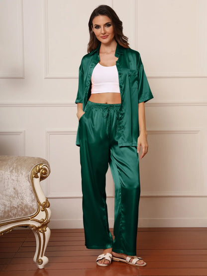 Womens Satin Silk Pajama Sets Short Sleeve Button down Pajamas Women Pjs Lounge Sets Sleepwear Long Pant S-XL