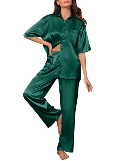 Womens Satin Silk Pajama Sets Short Sleeve Button down Pajamas Women Pjs Lounge Sets Sleepwear Long Pant S-XL
