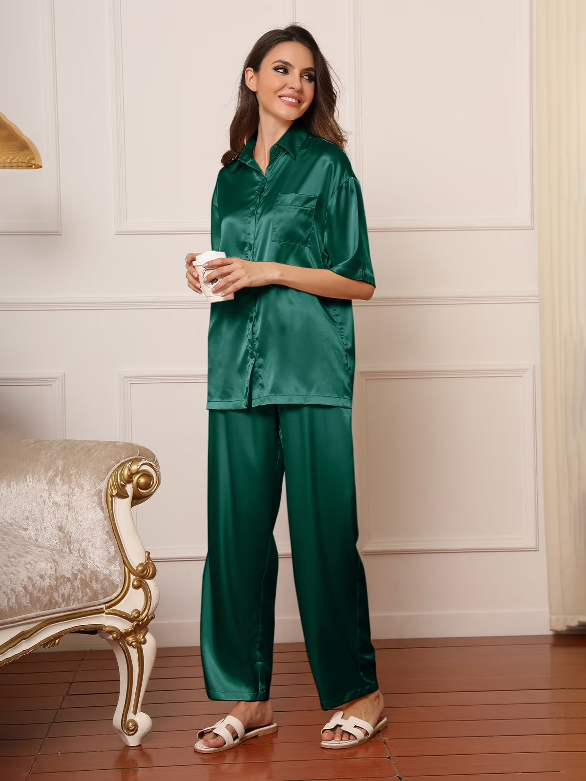Womens Satin Silk Pajama Sets Short Sleeve Button down Pajamas Women Pjs Lounge Sets Sleepwear Long Pant S-XL