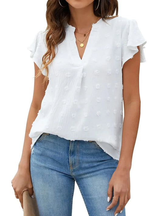 Elegant White V Neck Ruffle Sleeve Blouse - Perfect for Work, Vacations, and Casual Outings