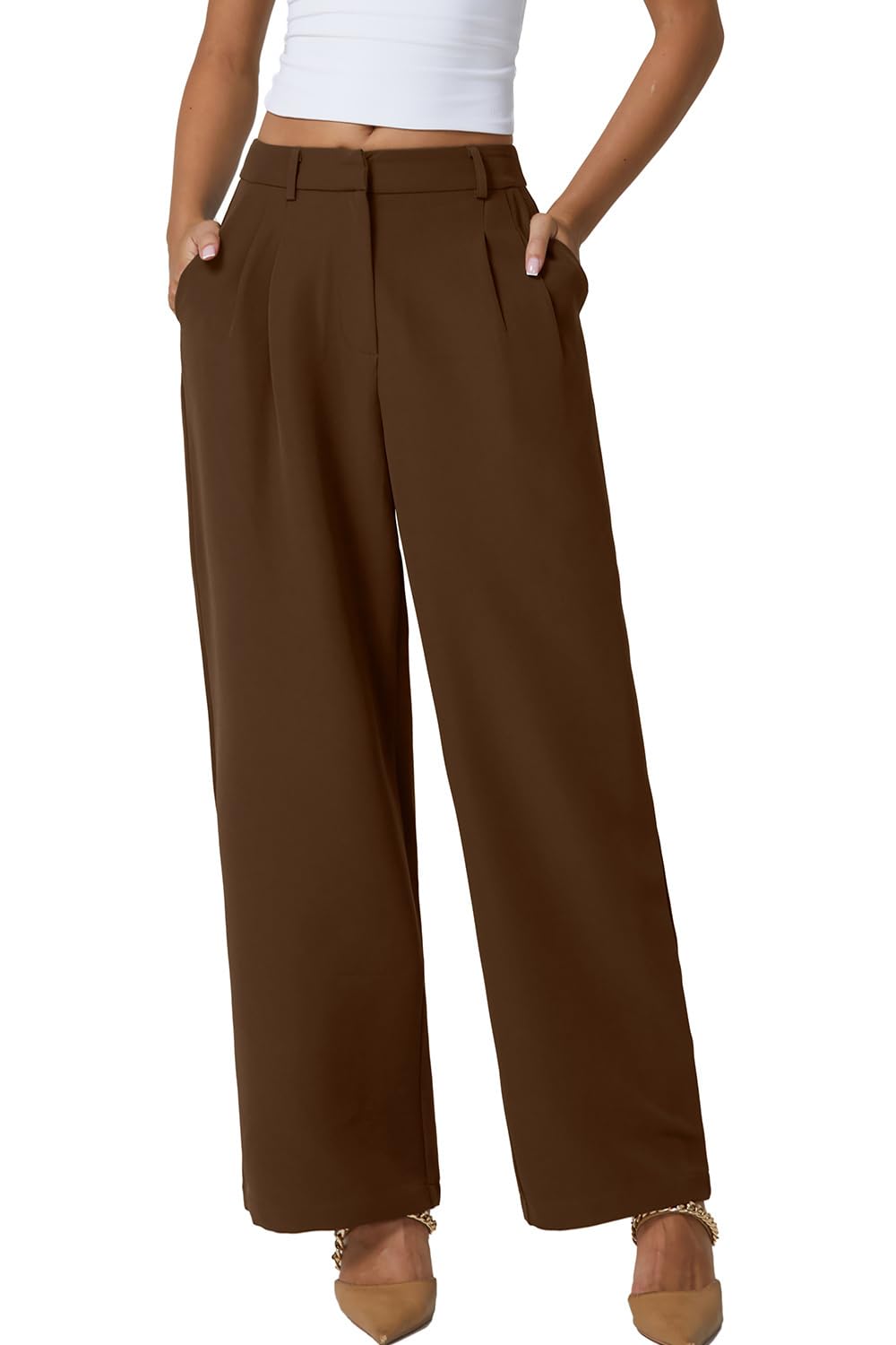 QINSEN Wide Leg Dress Pants for Women High Waisted Wrinkle Free Work Pants with Pockets Casual Slack