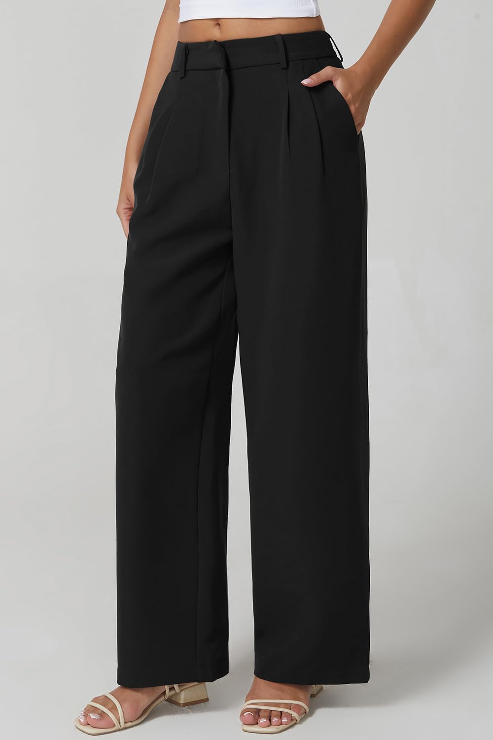 QINSEN Wide Leg Dress Pants for Women High Waisted Wrinkle Free Work Pants with Pockets Casual Slack