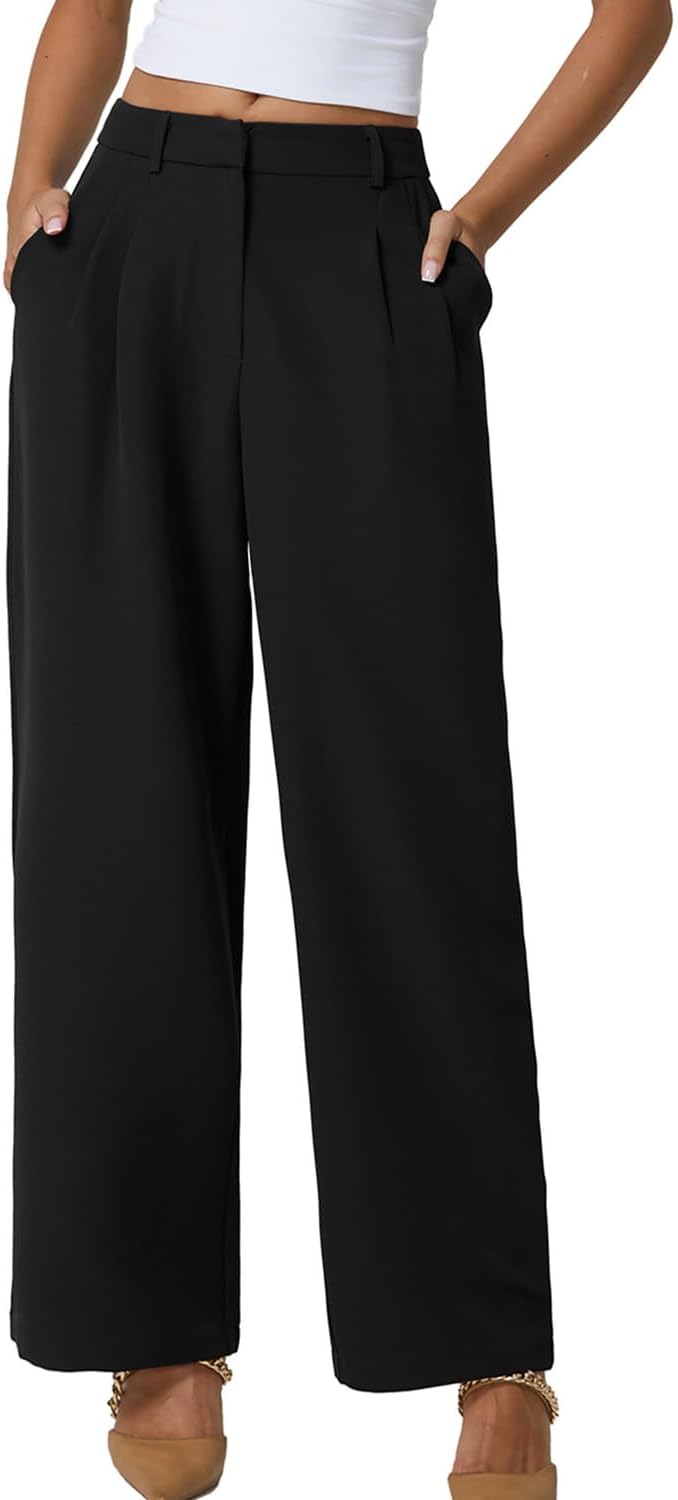 QINSEN Wide Leg Dress Pants for Women High Waisted Wrinkle Free Work Pants with Pockets Casual Slack