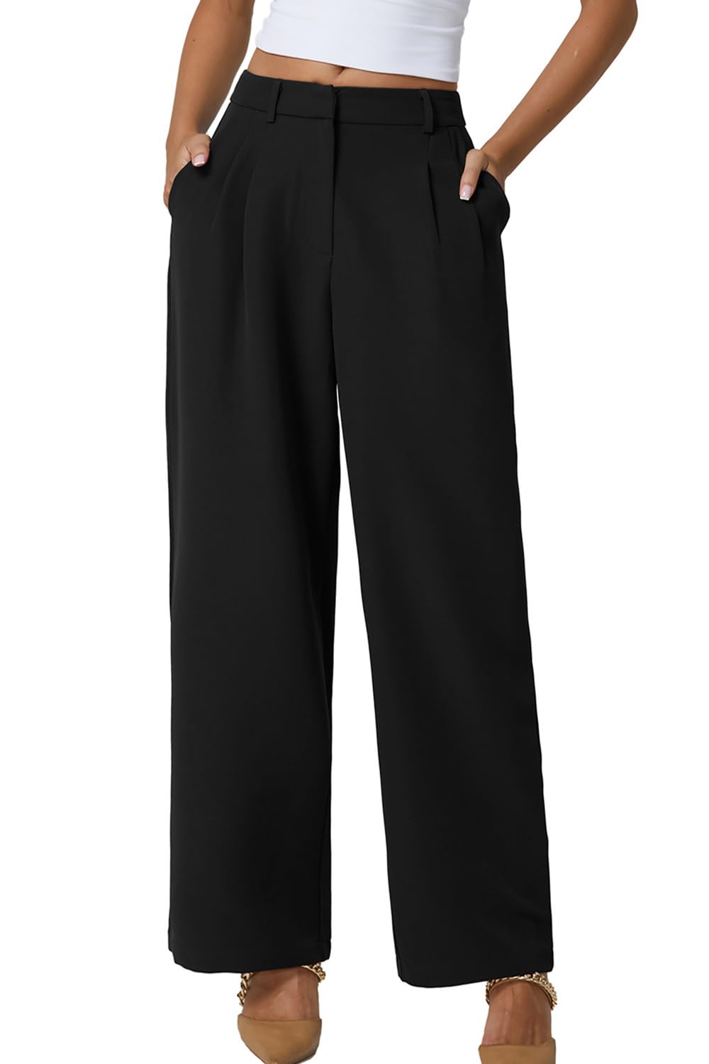 QINSEN Wide Leg Dress Pants for Women High Waisted Wrinkle Free Work Pants with Pockets Casual Slack
