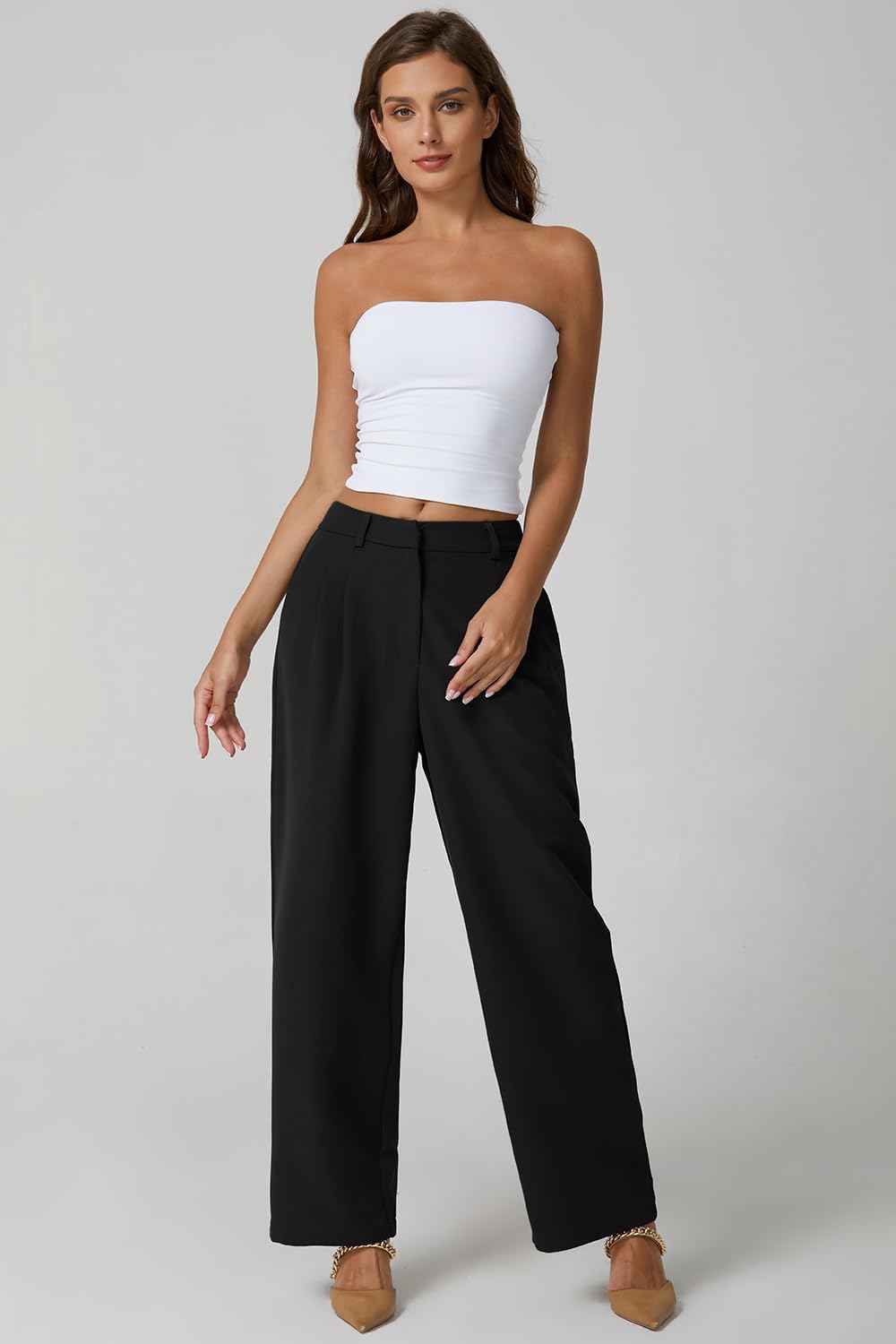 QINSEN Wide Leg Dress Pants for Women High Waisted Wrinkle Free Work Pants with Pockets Casual Slack