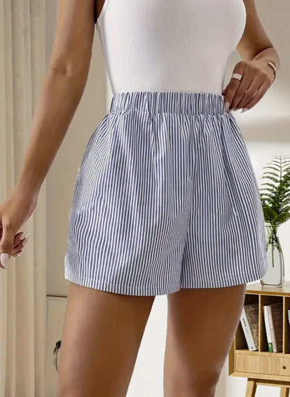 Elevate Your Spring and Summer Wardrobe with Our Stylish Striped Elastic Waist Shorts for Women