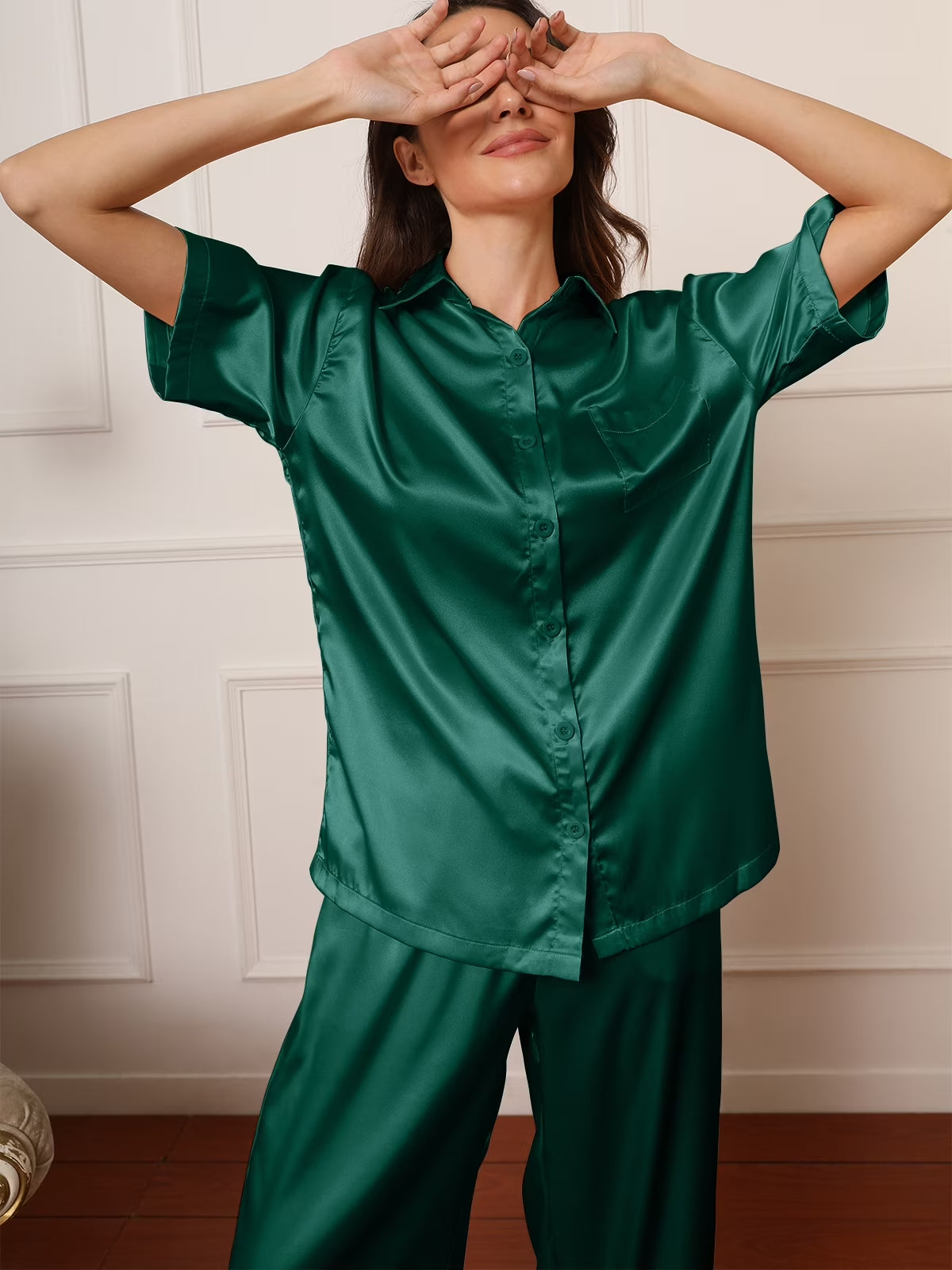 Womens Satin Silk Pajama Sets Short Sleeve Button down Pajamas Women Pjs Lounge Sets Sleepwear Long Pant S-XL
