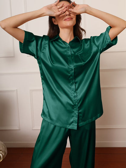 Womens Satin Silk Pajama Sets Short Sleeve Button down Pajamas Women Pjs Lounge Sets Sleepwear Long Pant S-XL