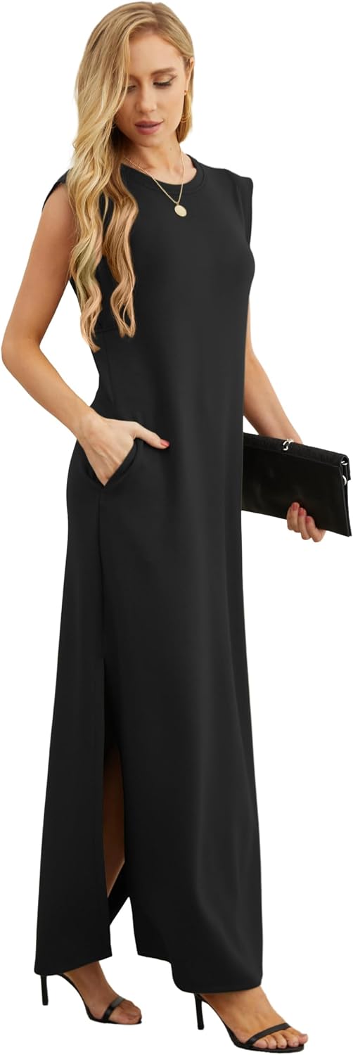 GRECERELLE 2026 Women Year-Round Casual Round Neck Loose Split Wrinkle-Free Long Maxi Vacation Dress with Pockets (XXS-4XL)