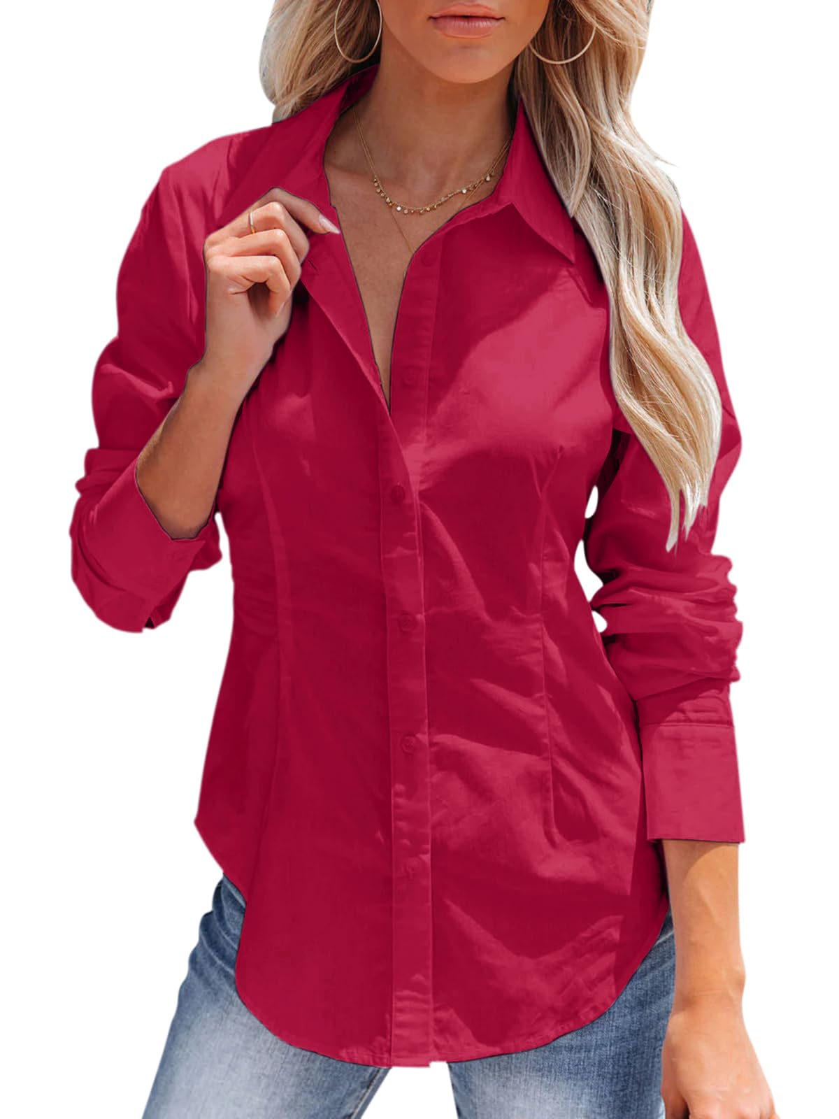 siliteelon Women's Button Down Shirts Long Sleeve Dress Shirts Wrinkle Free Collared Work Office Solid Blouses Corset Tops
