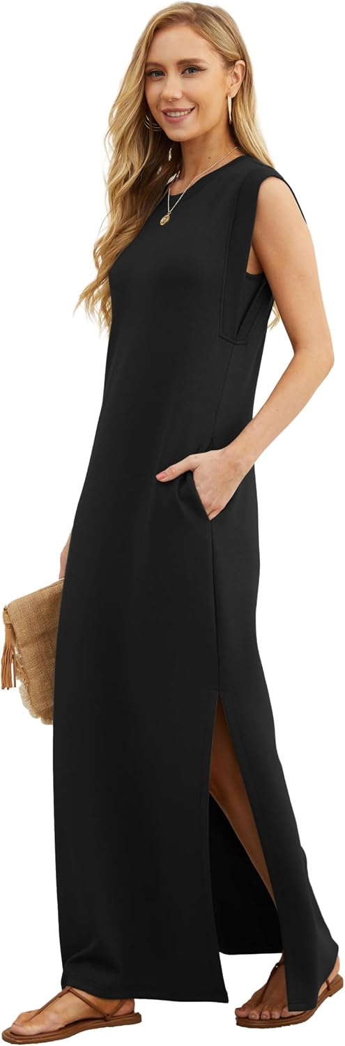 GRECERELLE 2026 Women Year-Round Casual Round Neck Loose Split Wrinkle-Free Long Maxi Vacation Dress with Pockets (XXS-4XL)