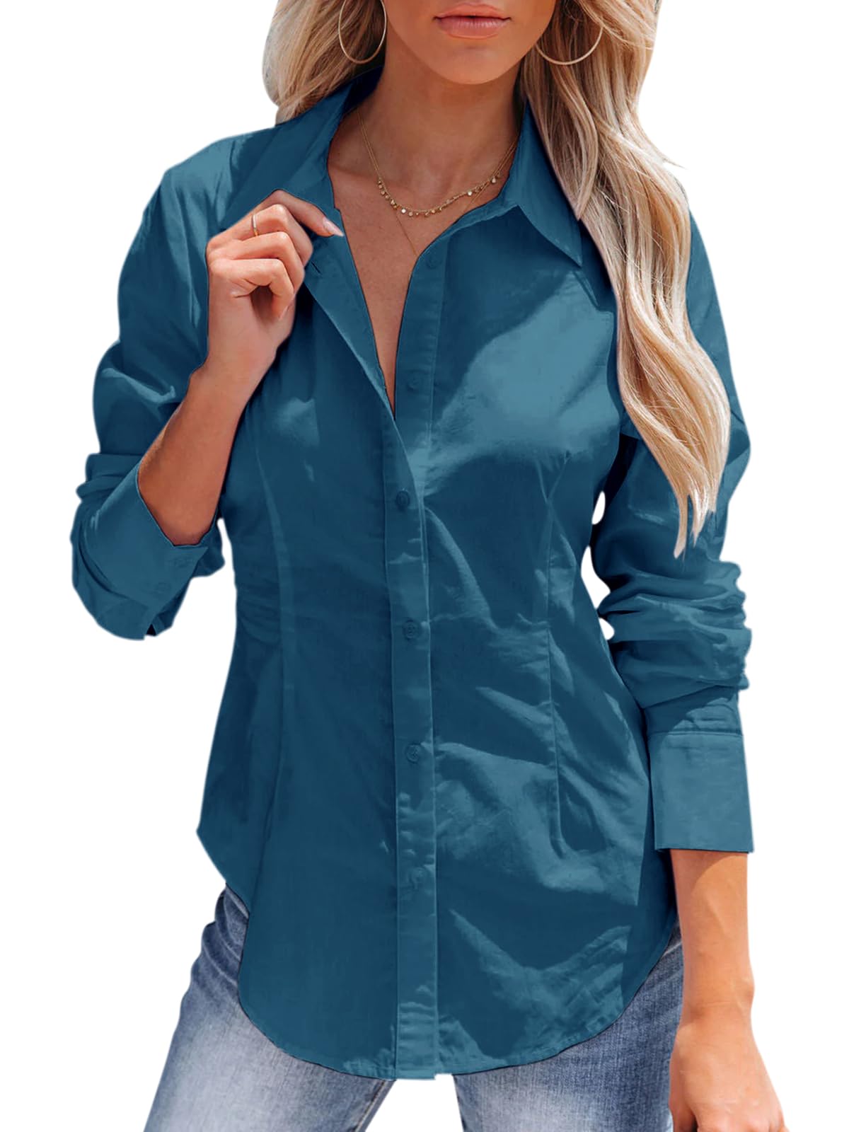 siliteelon Women's Button Down Shirts Long Sleeve Dress Shirts Wrinkle Free Collared Work Office Solid Blouses Corset Tops