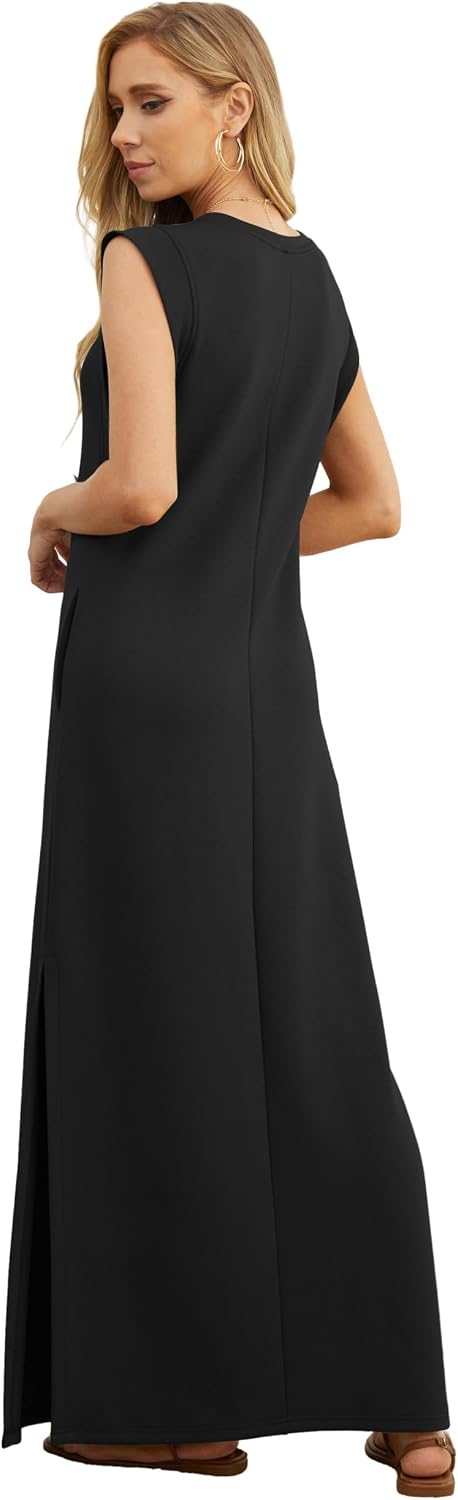 GRECERELLE 2026 Women Year-Round Casual Round Neck Loose Split Wrinkle-Free Long Maxi Vacation Dress with Pockets (XXS-4XL)