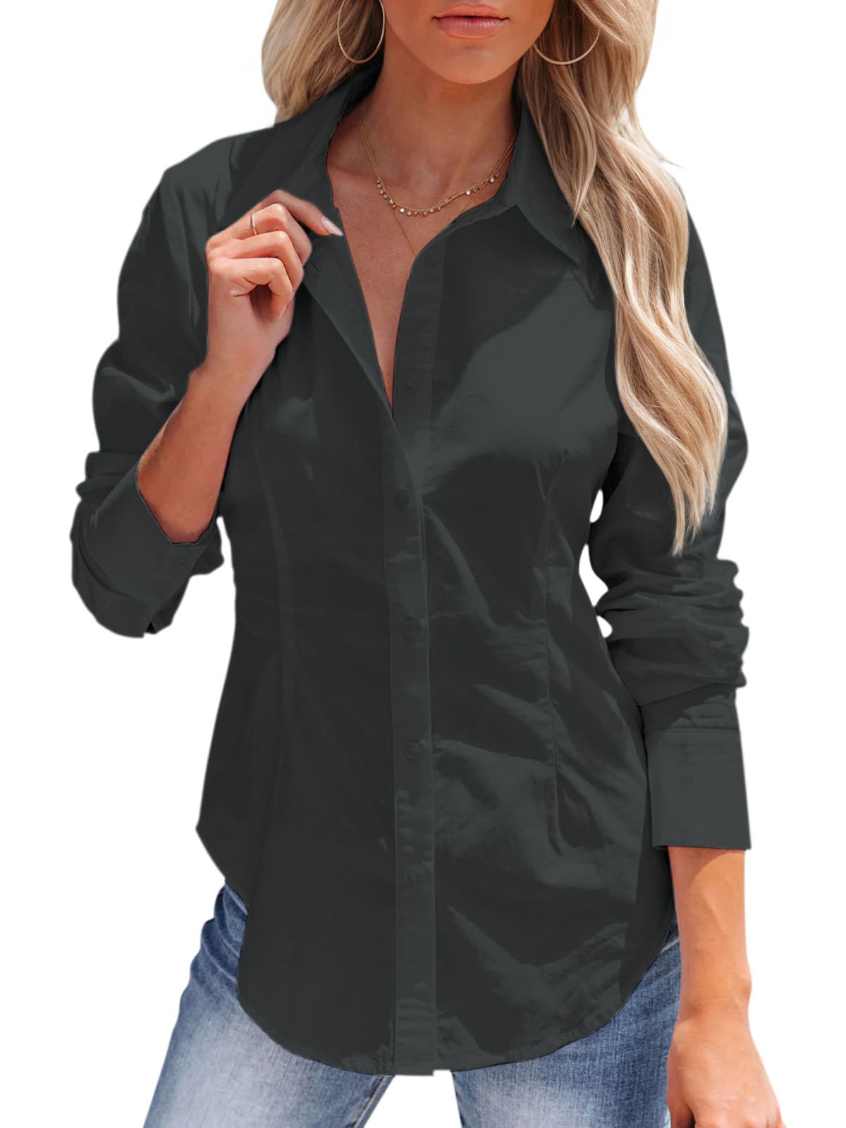 siliteelon Women's Button Down Shirts Long Sleeve Dress Shirts Wrinkle Free Collared Work Office Solid Blouses Corset Tops