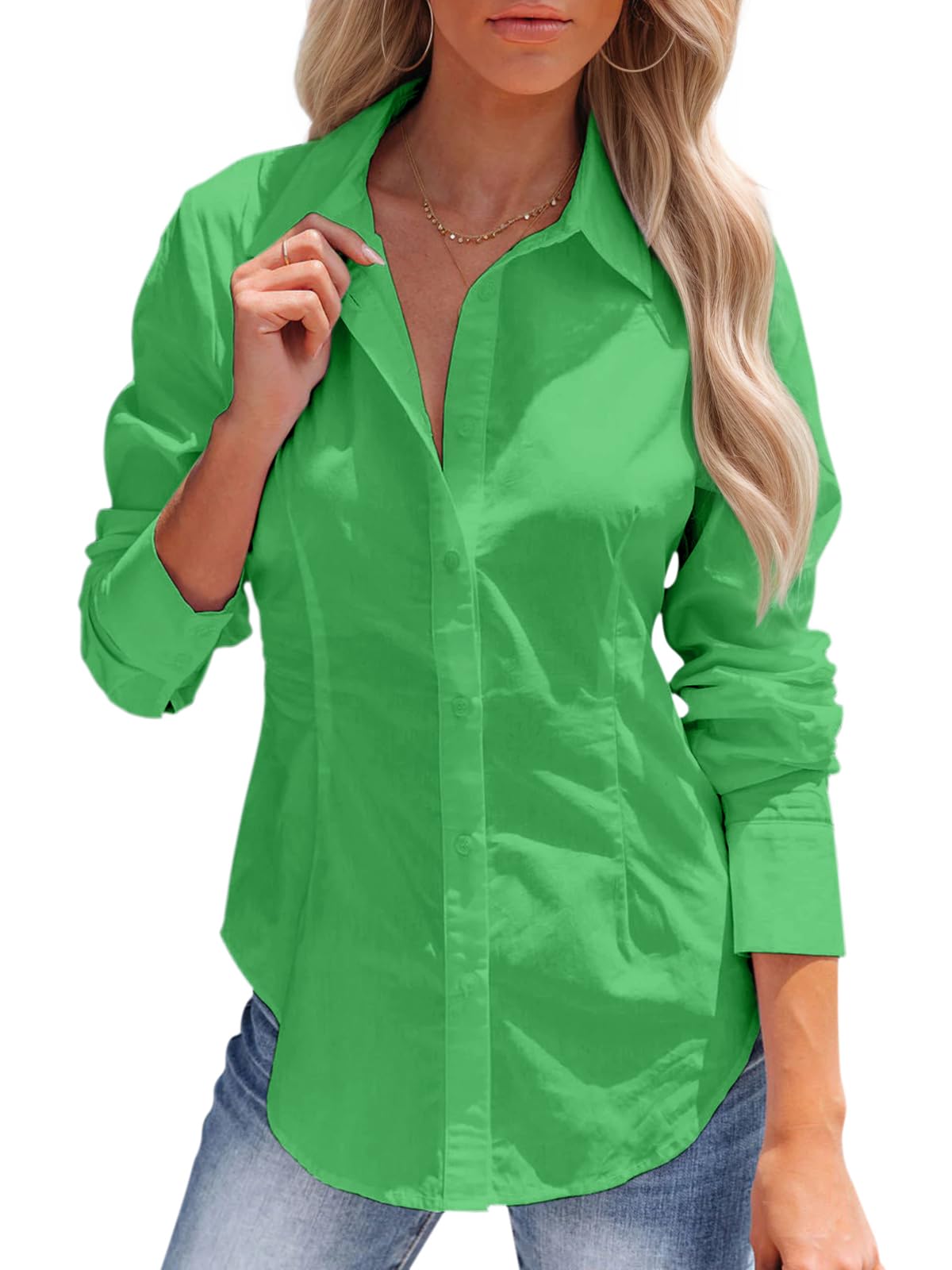 siliteelon Women's Button Down Shirts Long Sleeve Dress Shirts Wrinkle Free Collared Work Office Solid Blouses Corset Tops