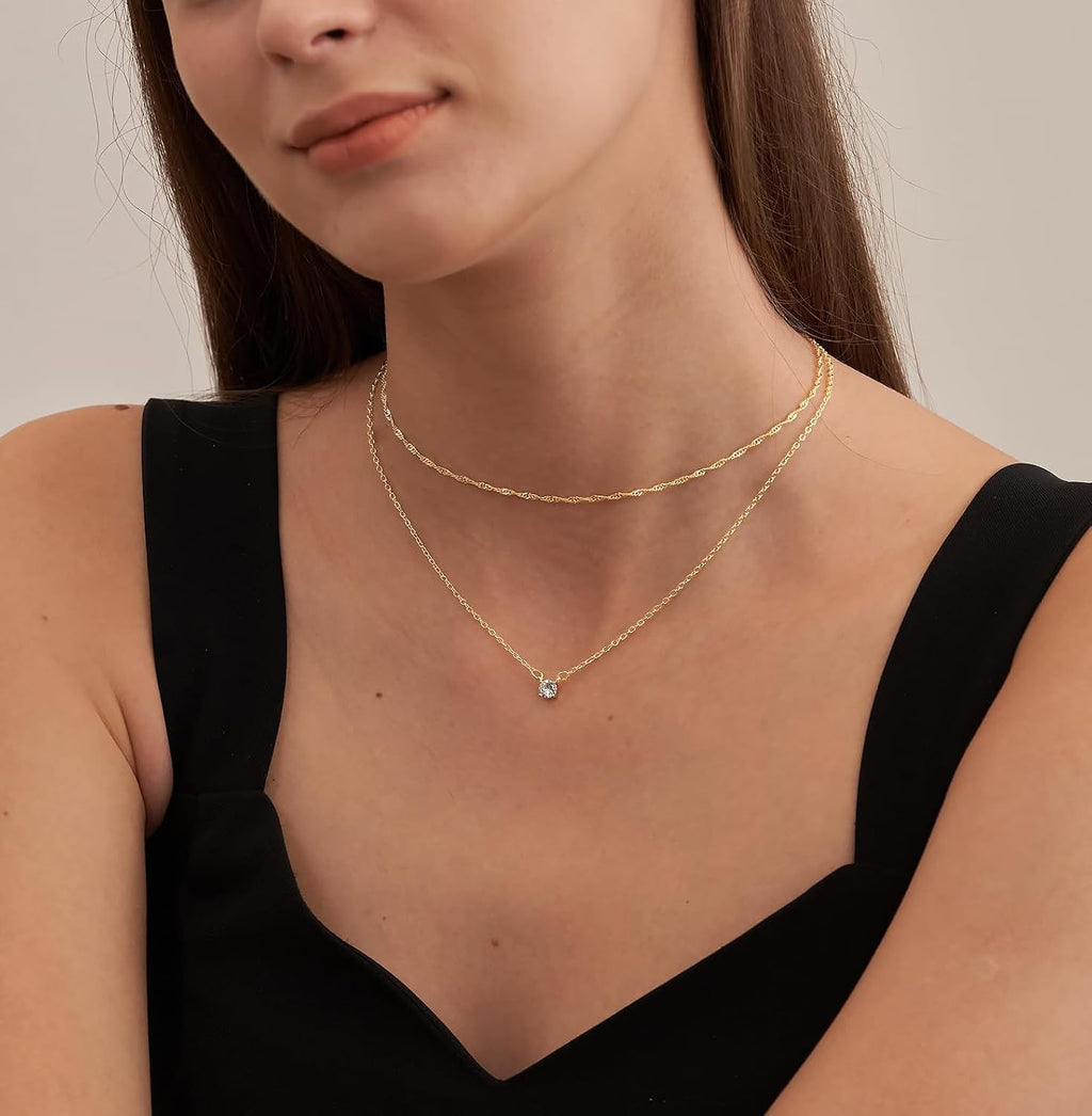 Tewiky Dainty 14k Gold Plated/Silver Cubic Zirconia Necklaces for Women
