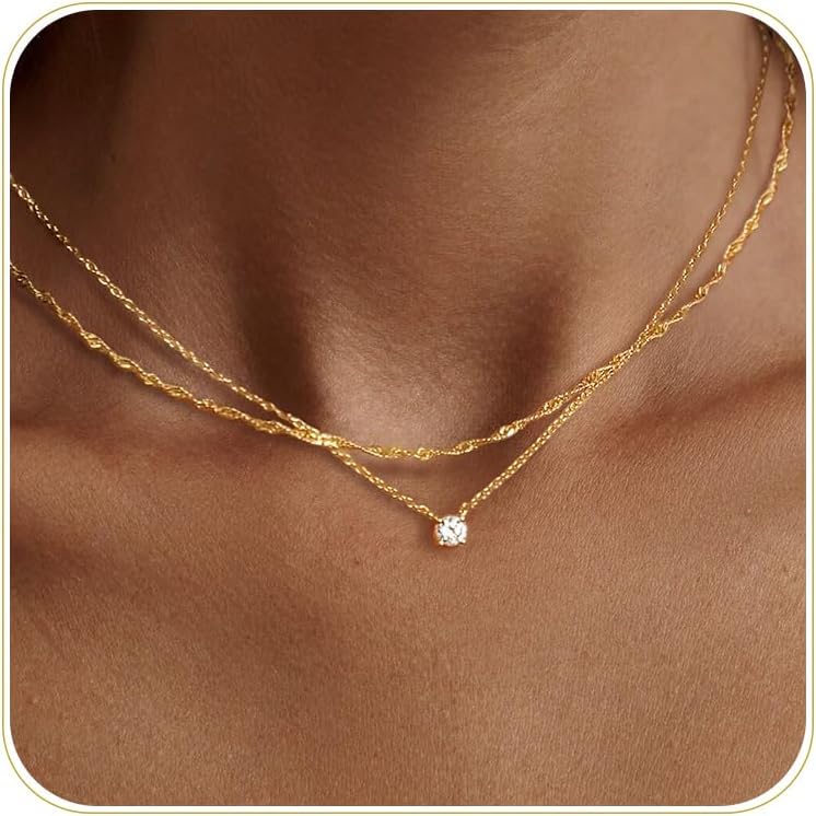 Tewiky Dainty 14k Gold Plated/Silver Cubic Zirconia Necklaces for Women