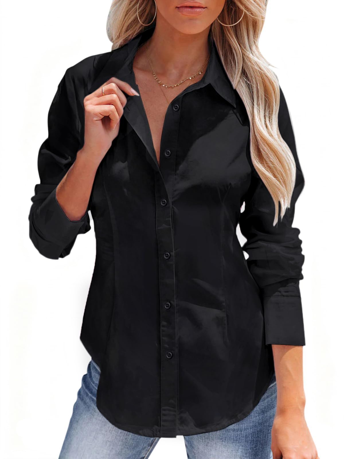 siliteelon Women's Button Down Shirts Long Sleeve Dress Shirts Wrinkle Free Collared Work Office Solid Blouses Corset Tops