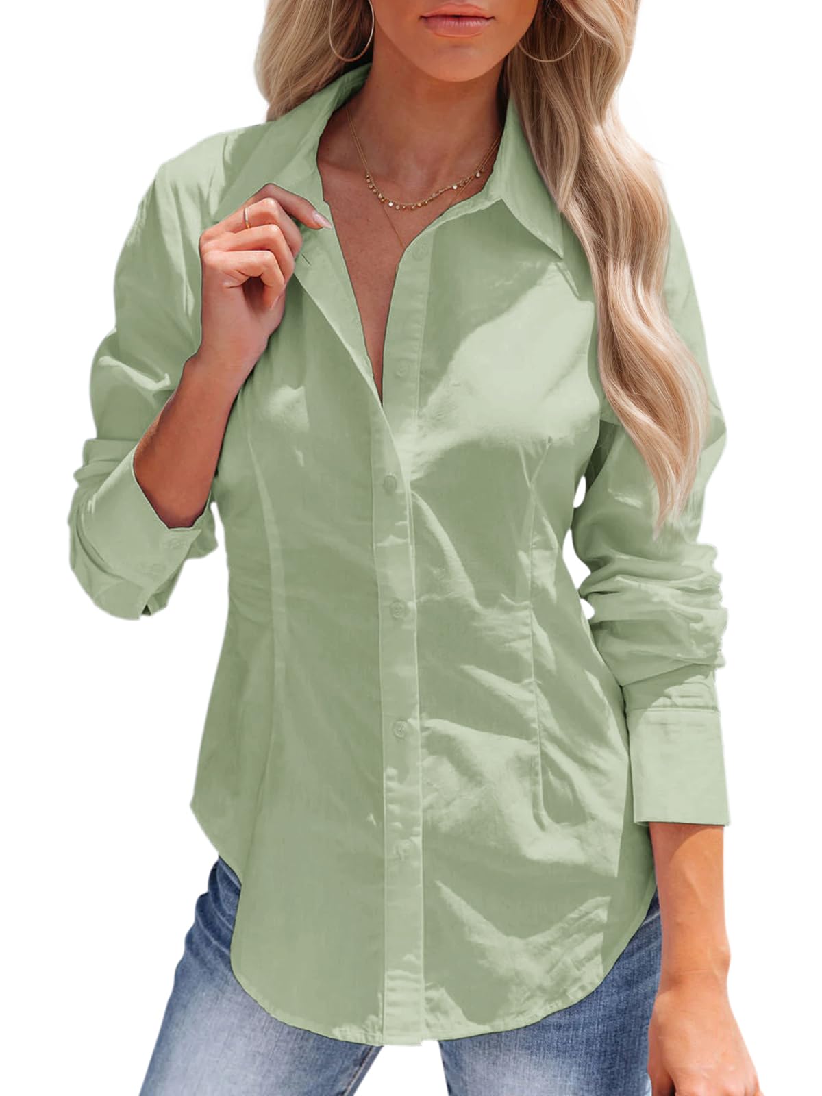 siliteelon Women's Button Down Shirts Long Sleeve Dress Shirts Wrinkle Free Collared Work Office Solid Blouses Corset Tops