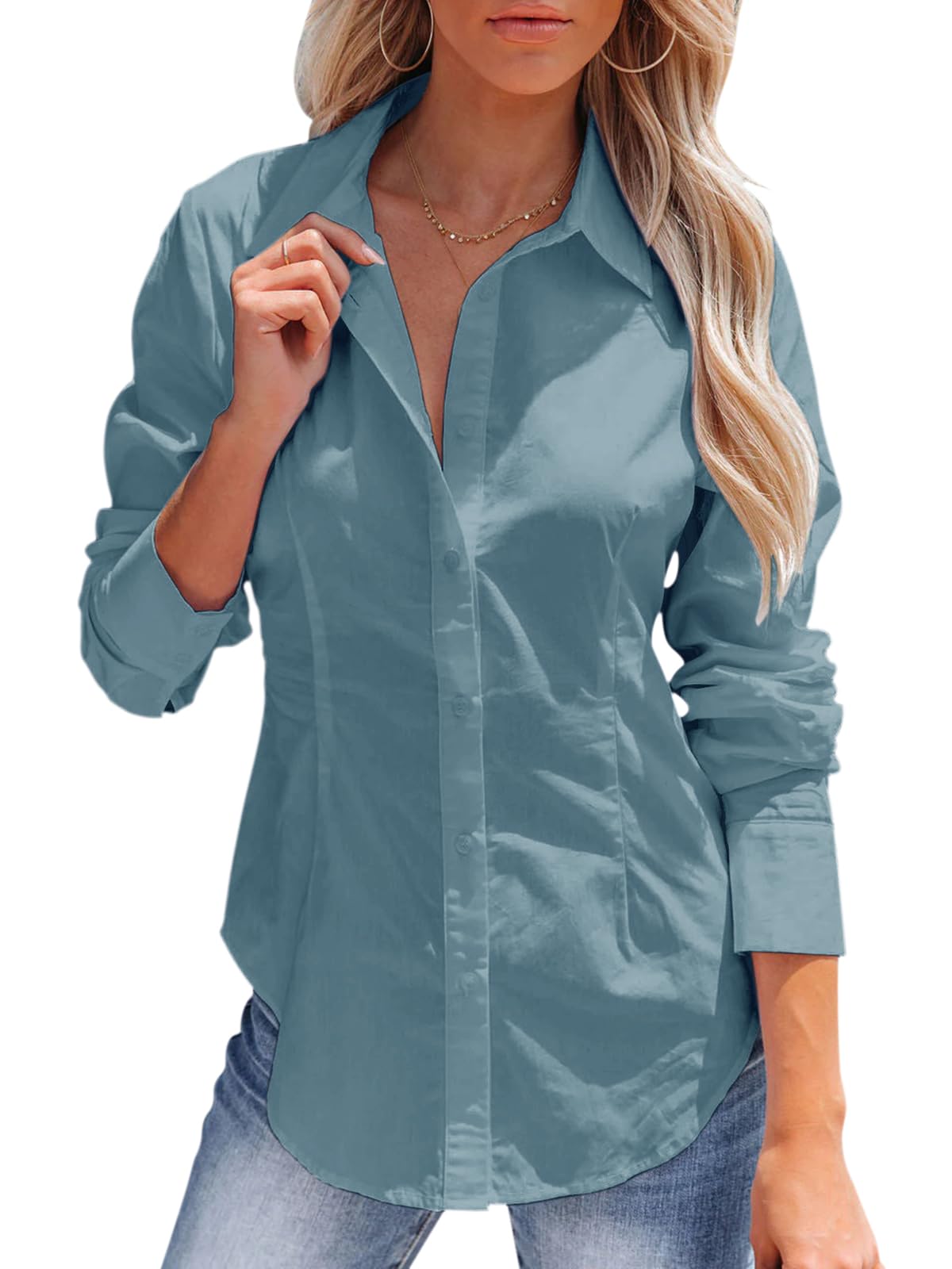 siliteelon Women's Button Down Shirts Long Sleeve Dress Shirts Wrinkle Free Collared Work Office Solid Blouses Corset Tops