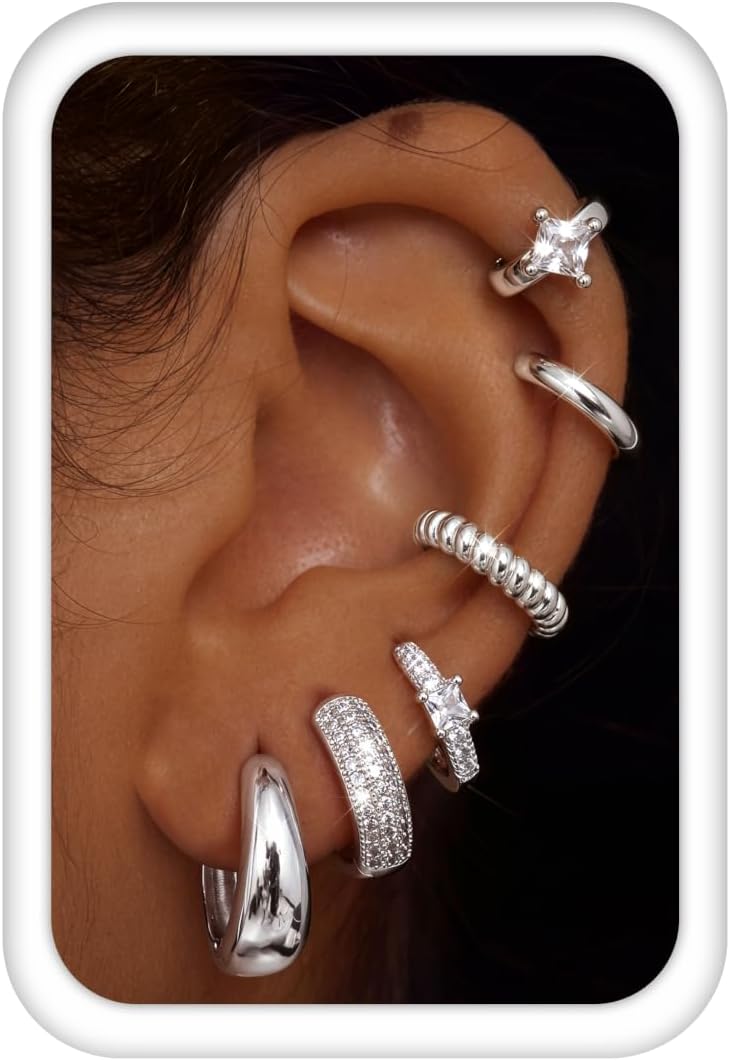 LOLIAS Small 14K Gold Plated Chunky Hoop Earrings for Women Hypoallergenic Silver Earrings Set for Sensitive Ears Non Tarnish Huggie Hoops Earring Stacks for Multiple Piercing Jewelry Lightweight 3Pairs