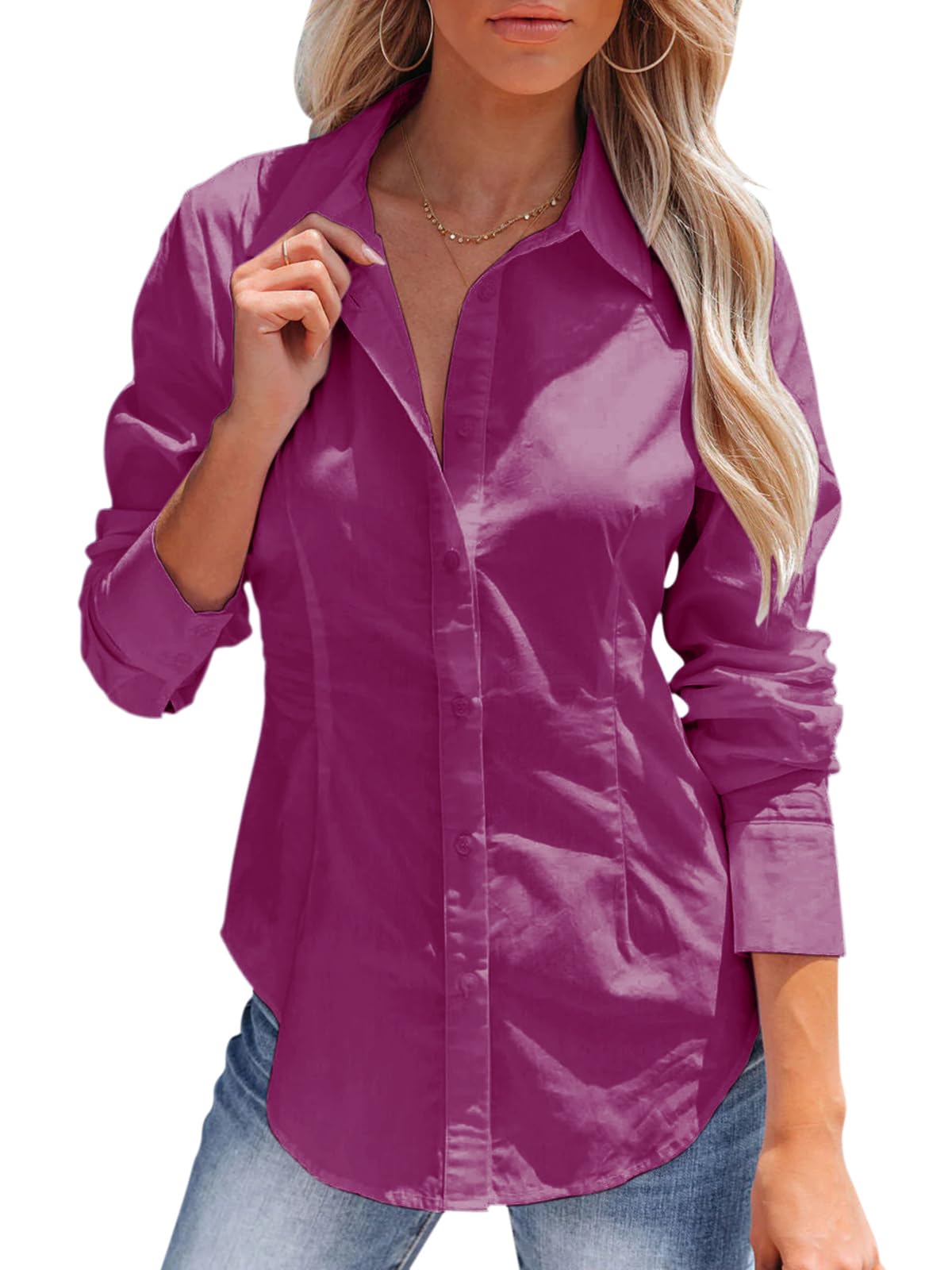 siliteelon Women's Button Down Shirts Long Sleeve Dress Shirts Wrinkle Free Collared Work Office Solid Blouses Corset Tops