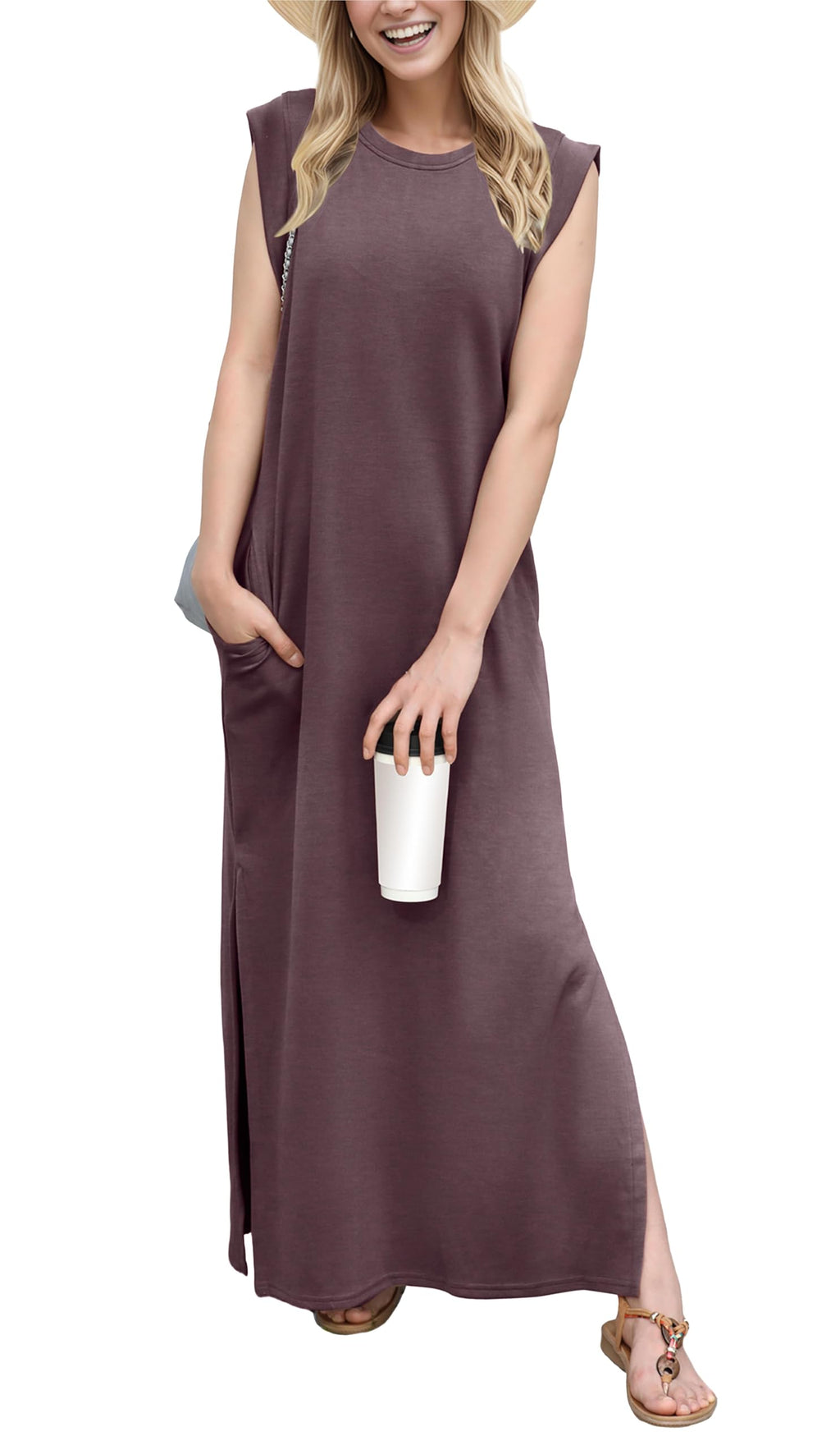 GRECERELLE 2026 Women Year-Round Casual Round Neck Loose Split Wrinkle-Free Long Maxi Vacation Dress with Pockets (XXS-4XL)
