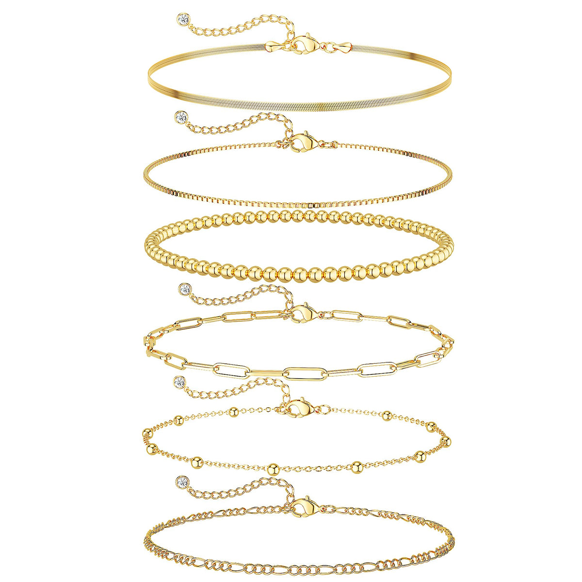 Dearmay Gold Bracelets for Women Waterproof, 14K Gold Plated Minimalist Bracelets Stack Non Tarnish Trendy Dainty Herringbone Vintage Cuban Paperclip Rope Thin Box Link Chain Stackable Jewelry Sets Modern Fashion Accessories Gifts for Womens