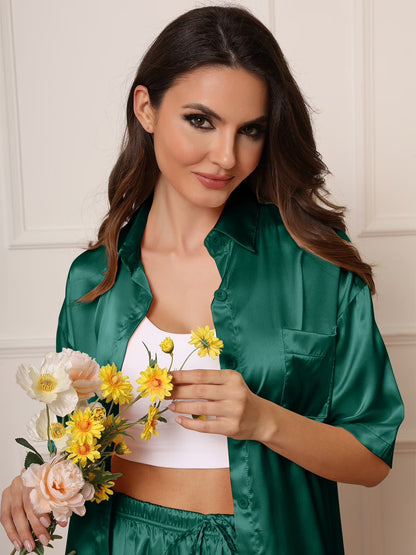 Womens Satin Silk Pajama Sets Short Sleeve Button down Pajamas Women Pjs Lounge Sets Sleepwear Long Pant S-XL