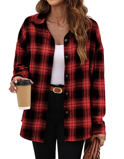 Plaid Flannel Shirts for Women Oversized Long Sleeve Button down Shirts Blouses Tops