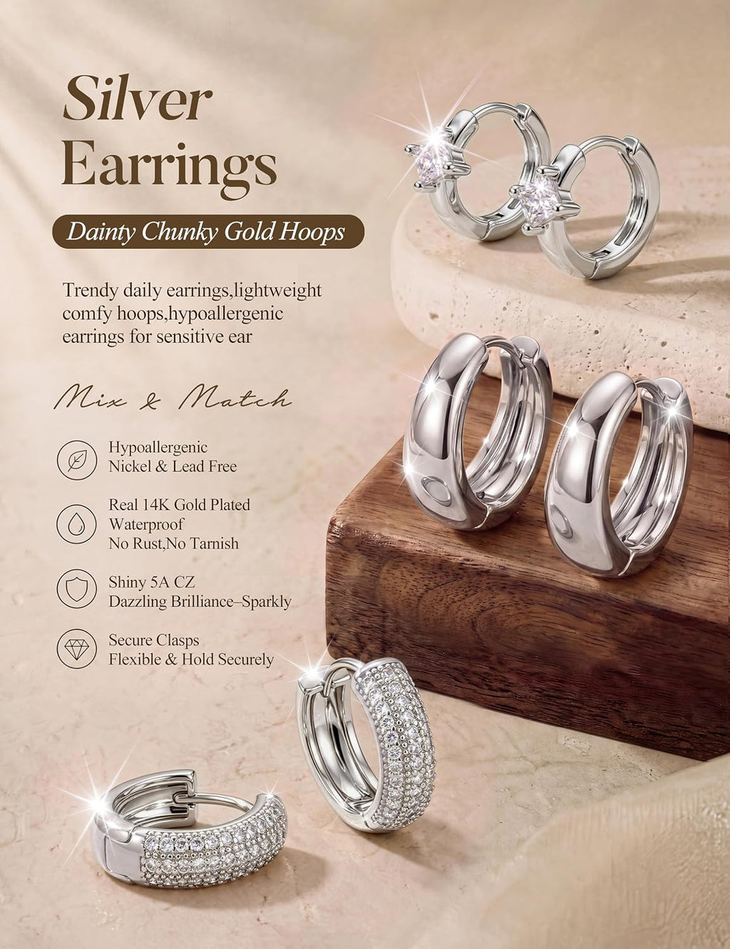 LOLIAS Small 14K Gold Plated Chunky Hoop Earrings for Women Hypoallergenic Silver Earrings Set for Sensitive Ears Non Tarnish Huggie Hoops Earring Stacks for Multiple Piercing Jewelry Lightweight 3Pairs