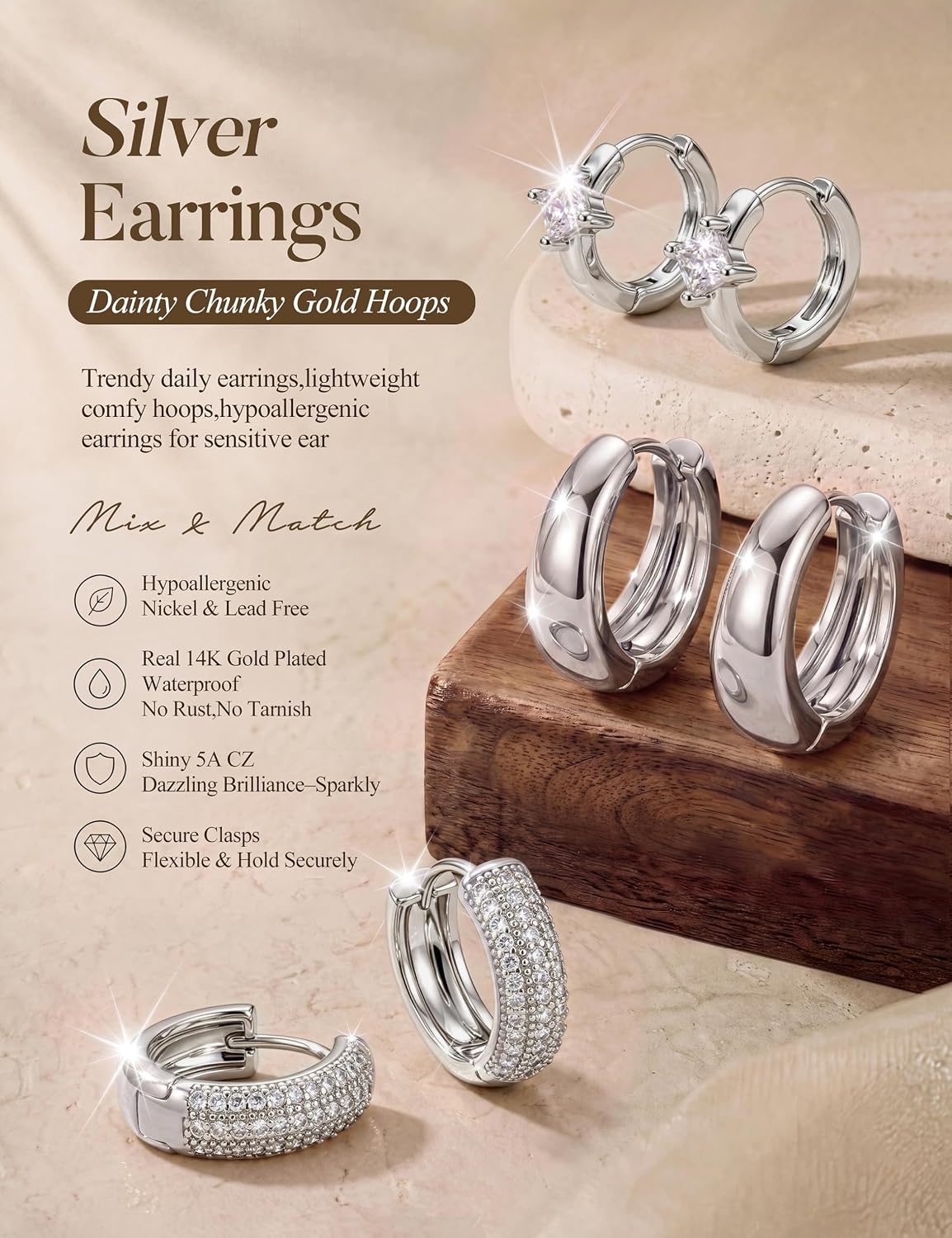 LOLIAS Small 14K Gold Plated Chunky Hoop Earrings for Women Hypoallergenic Silver Earrings Set for Sensitive Ears Non Tarnish Huggie Hoops Earring Stacks for Multiple Piercing Jewelry Lightweight 3Pairs