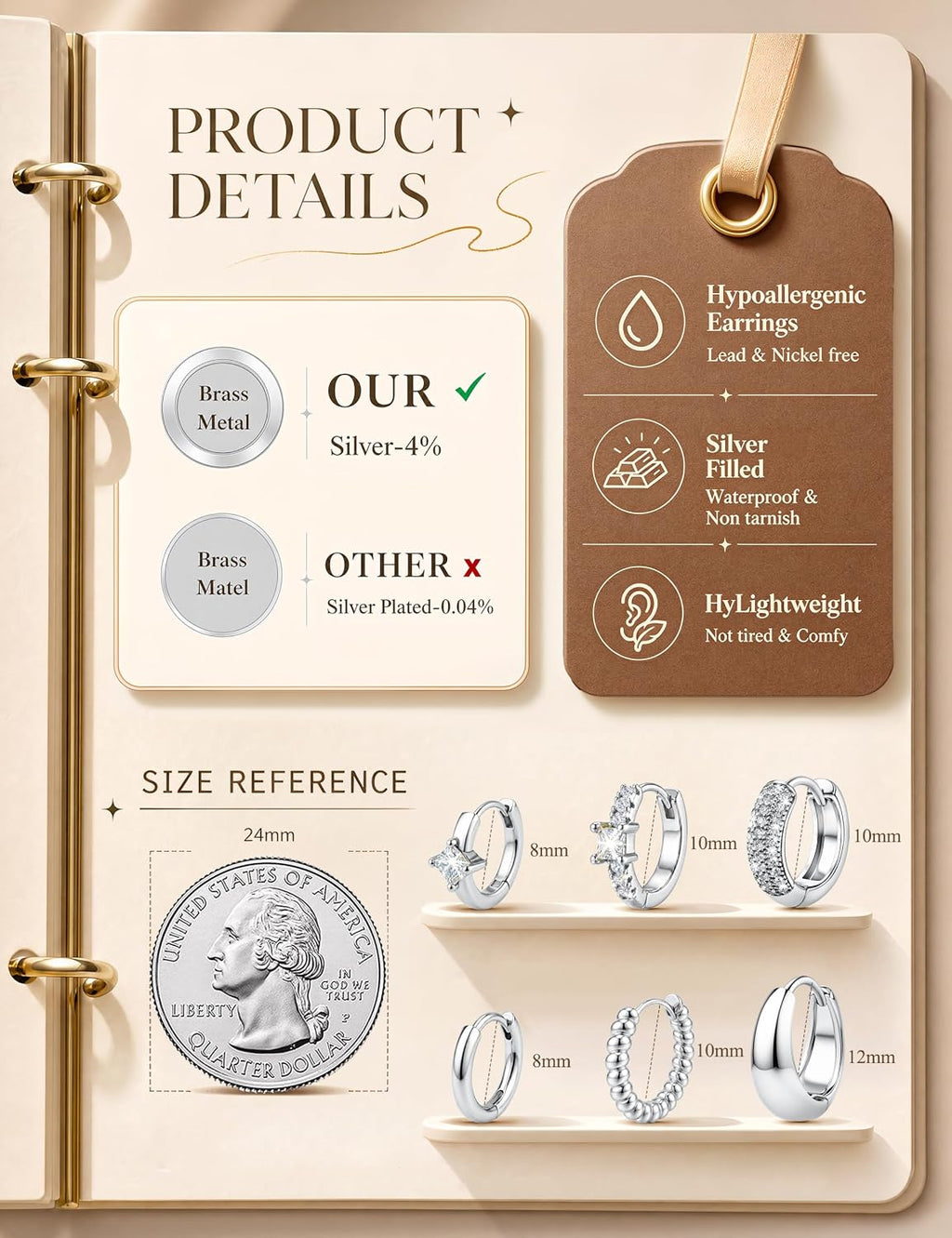 LOLIAS Small 14K Gold Plated Chunky Hoop Earrings for Women Hypoallergenic Silver Earrings Set for Sensitive Ears Non Tarnish Huggie Hoops Earring Stacks for Multiple Piercing Jewelry Lightweight 3Pairs