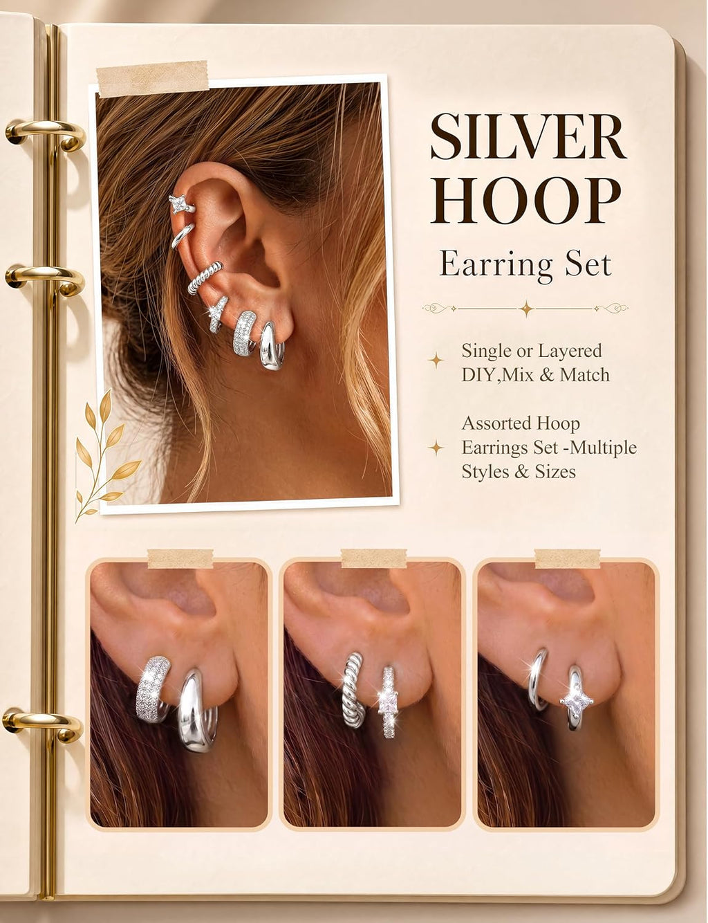 LOLIAS Small 14K Gold Plated Chunky Hoop Earrings for Women Hypoallergenic Silver Earrings Set for Sensitive Ears Non Tarnish Huggie Hoops Earring Stacks for Multiple Piercing Jewelry Lightweight 3Pairs