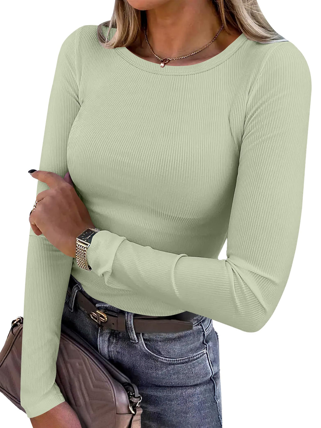 ANRABESS Women Long Sleeve Shirts Ribbed Fitted Tops