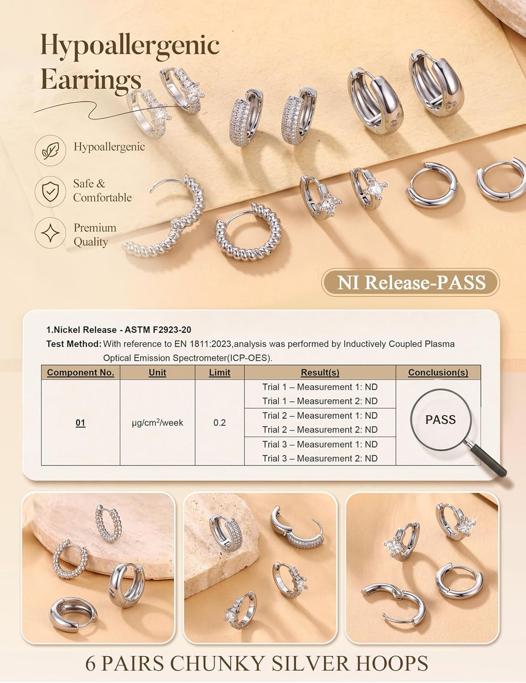 LOLIAS Small 14K Gold Plated Chunky Hoop Earrings for Women Hypoallergenic Silver Earrings Set for Sensitive Ears Non Tarnish Huggie Hoops Earring Stacks for Multiple Piercing Jewelry Lightweight 3Pairs