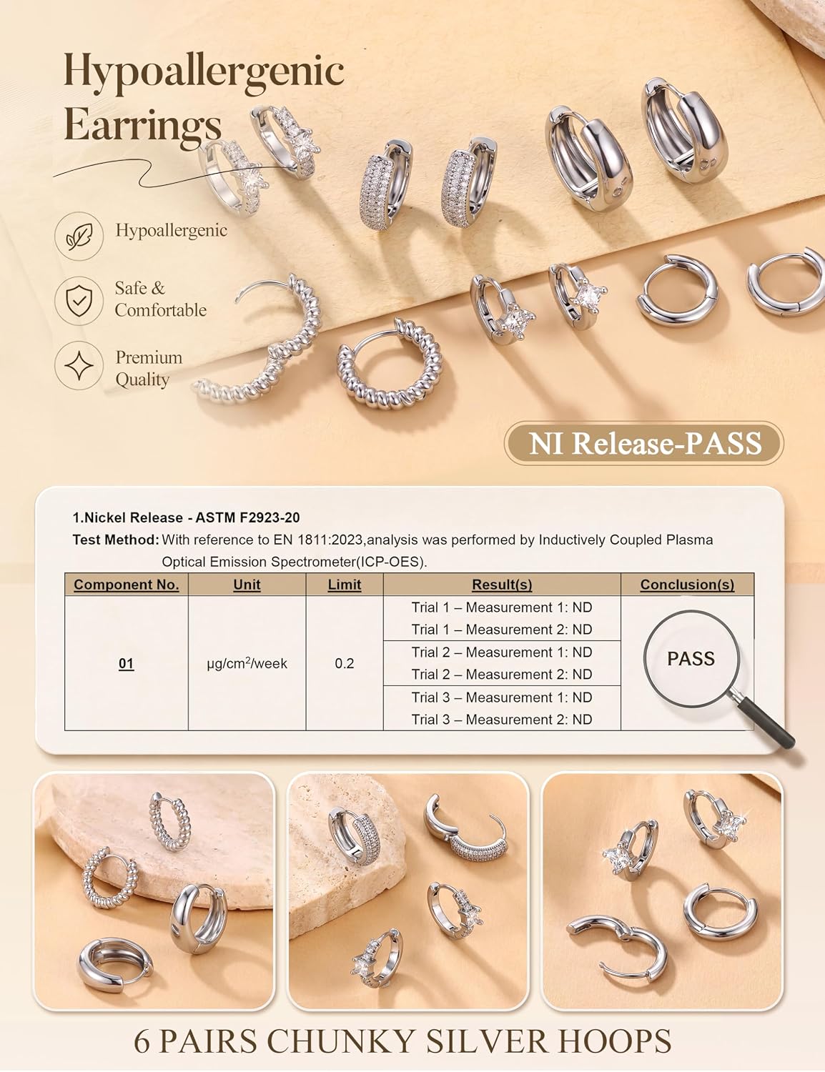 LOLIAS Small 14K Gold Plated Chunky Hoop Earrings for Women Hypoallergenic Silver Earrings Set for Sensitive Ears Non Tarnish Huggie Hoops Earring Stacks for Multiple Piercing Jewelry Lightweight 3Pairs