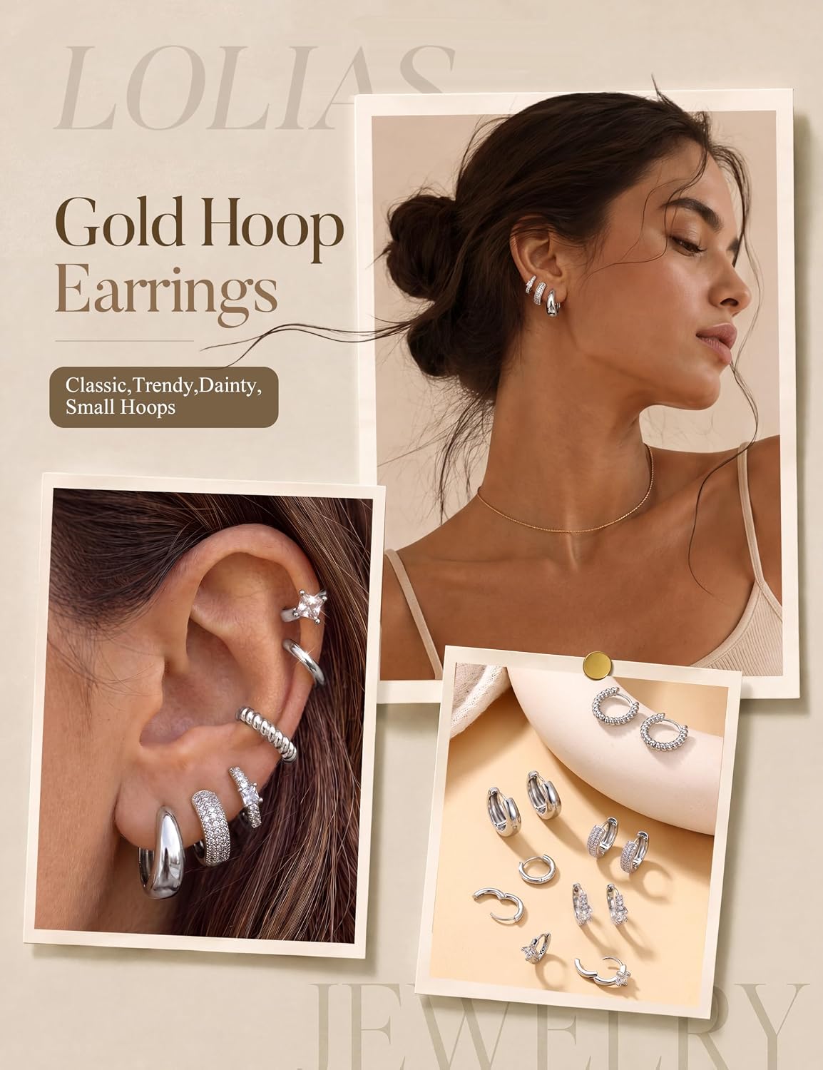 LOLIAS Small 14K Gold Plated Chunky Hoop Earrings for Women Hypoallergenic Silver Earrings Set for Sensitive Ears Non Tarnish Huggie Hoops Earring Stacks for Multiple Piercing Jewelry Lightweight 3Pairs