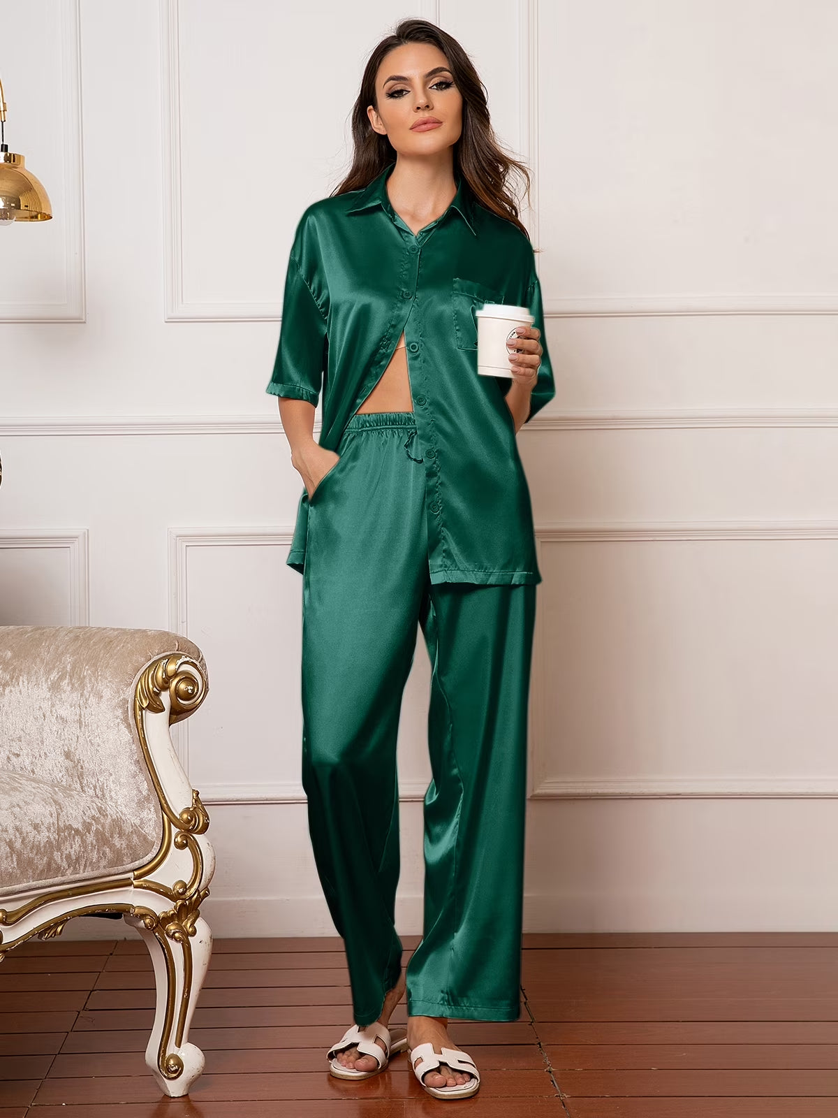 Womens Satin Silk Pajama Sets Short Sleeve Button down Pajamas Women Pjs Lounge Sets Sleepwear Long Pant S-XL