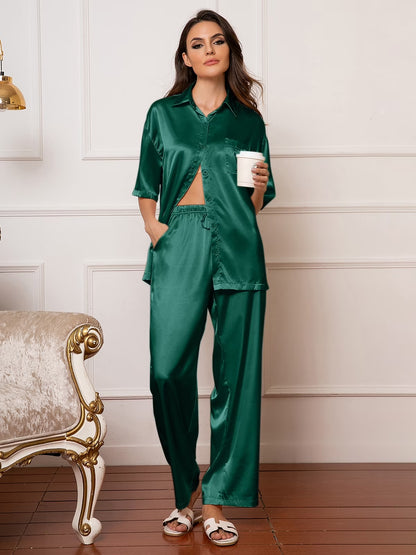Womens Satin Silk Pajama Sets Short Sleeve Button down Pajamas Women Pjs Lounge Sets Sleepwear Long Pant S-XL