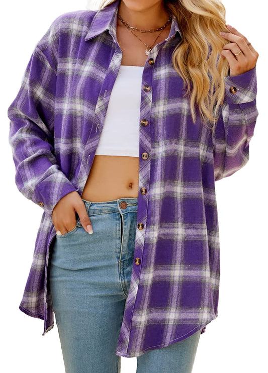 Chic Oversized Plaid Flannel Button-Down Shirt for Women - Perfect for Every Season