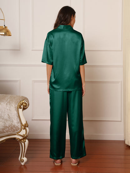 Womens Satin Silk Pajama Sets Short Sleeve Button down Pajamas Women Pjs Lounge Sets Sleepwear Long Pant S-XL