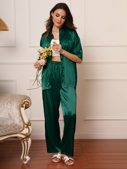 Womens Satin Silk Pajama Sets Short Sleeve Button down Pajamas Women Pjs Lounge Sets Sleepwear Long Pant S-XL